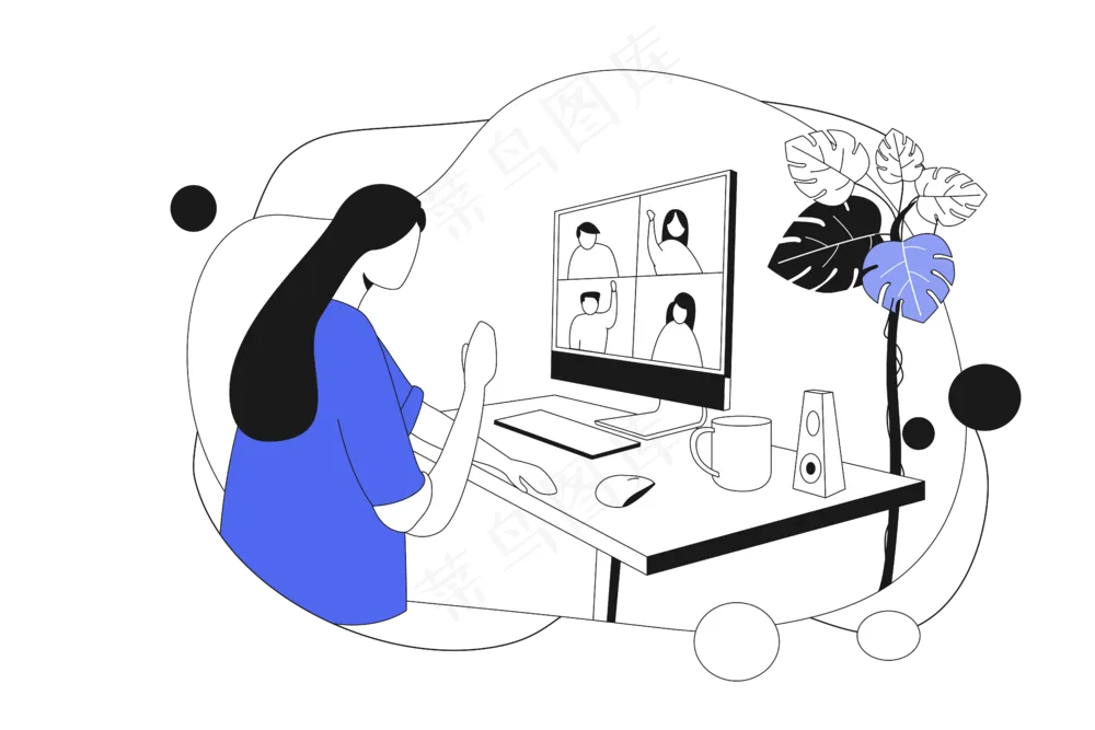 女生开视频工作会议 蓝色扁平商务插画