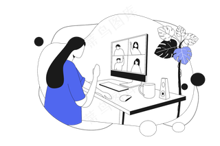 女生开视频工作会议 蓝色扁平商务插画