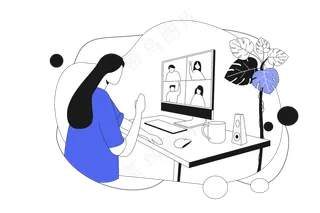 女生开视频工作会议 蓝色扁平商务插画