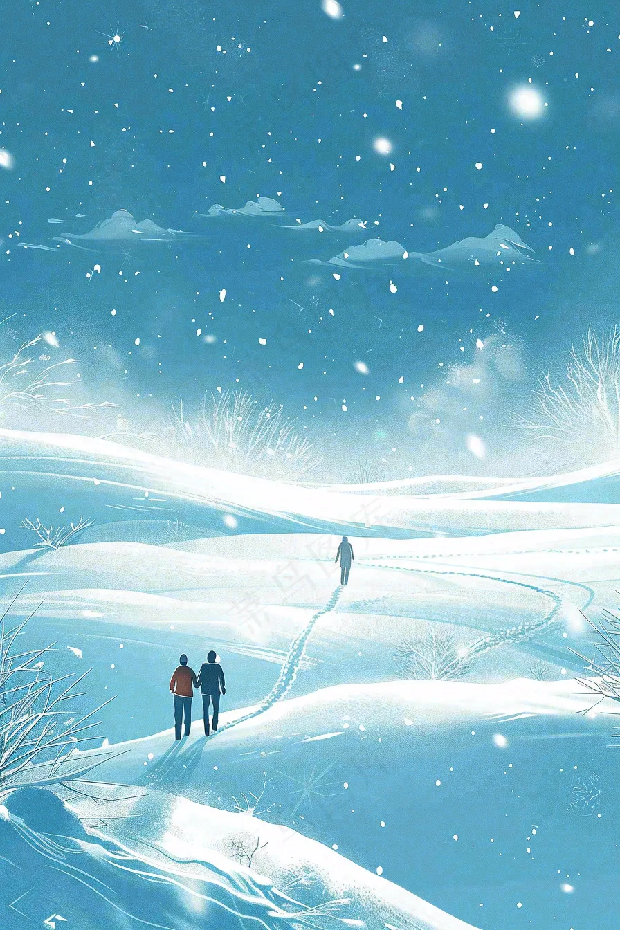 冬天大雪天雪地里漫步散步的人物冷清插画大雪小雪背景