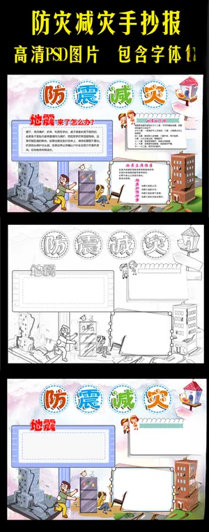 防震减灾小报防灾地震自救安全逃防震小报黑白线描涂色