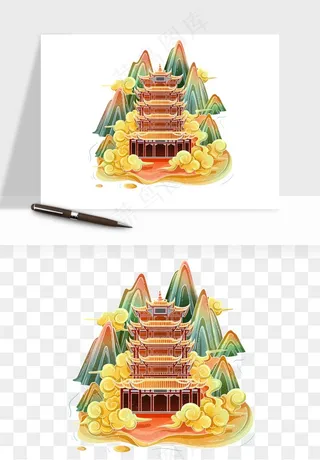 国潮城市地标山水建筑png免抠