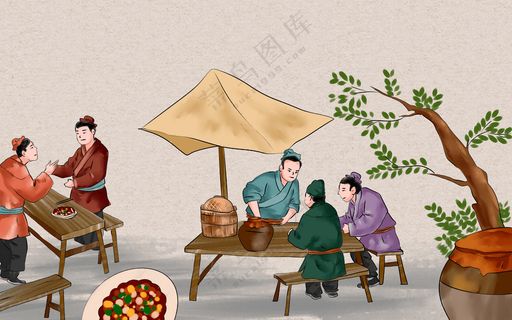古代场景  摊位  插画  人物插画  美食插画