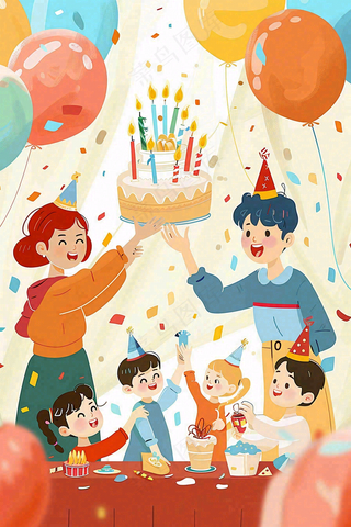 庆祝蛋糕热闹气球彩带愚人节卡通插画背景