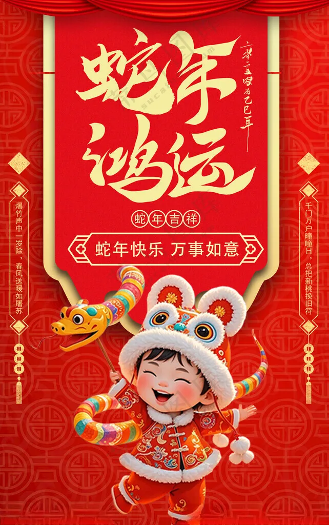 2025年蛇年春节海报拜年可编辑鎏金