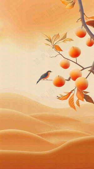 秋冬柿子树上的小鸟黄色插画霜降背景