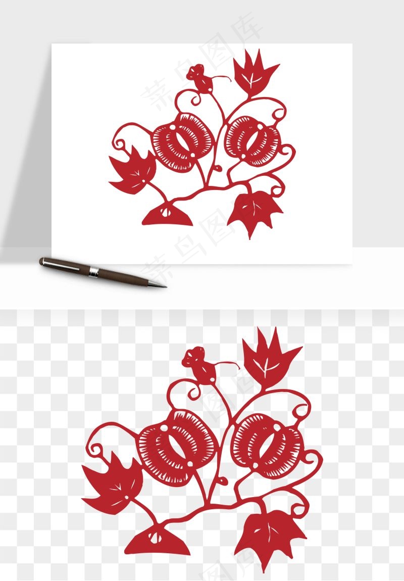 传统剪纸植物花卉png免抠