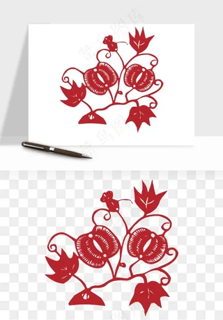 传统剪纸植物花卉png免抠