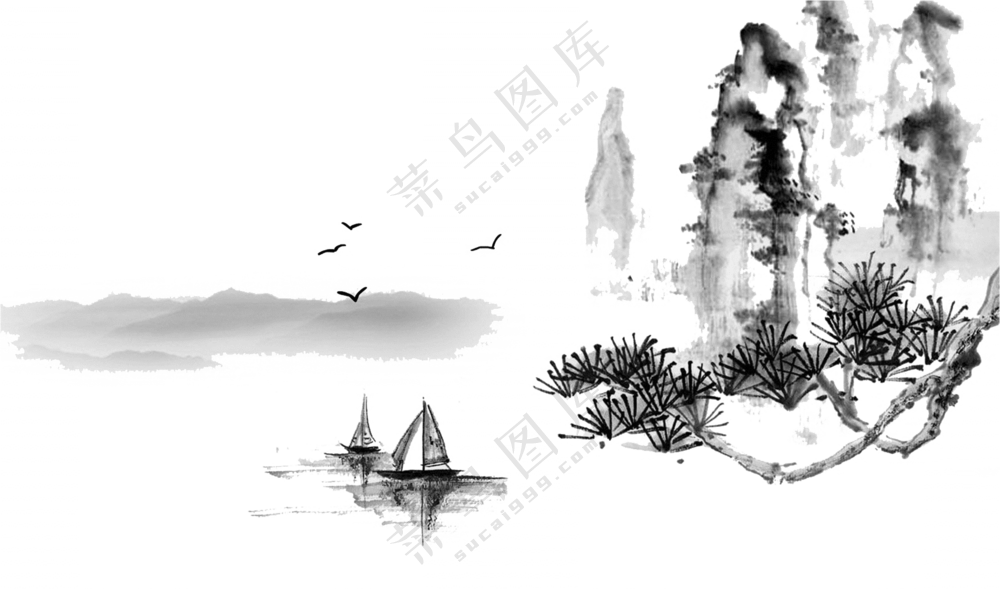 帆船飞鸟与峭壁水墨画免抠图片素材