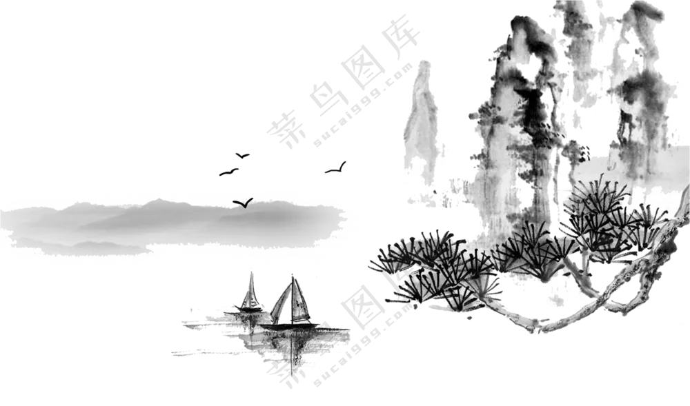 帆船飞鸟与峭壁水墨画免抠图片素材