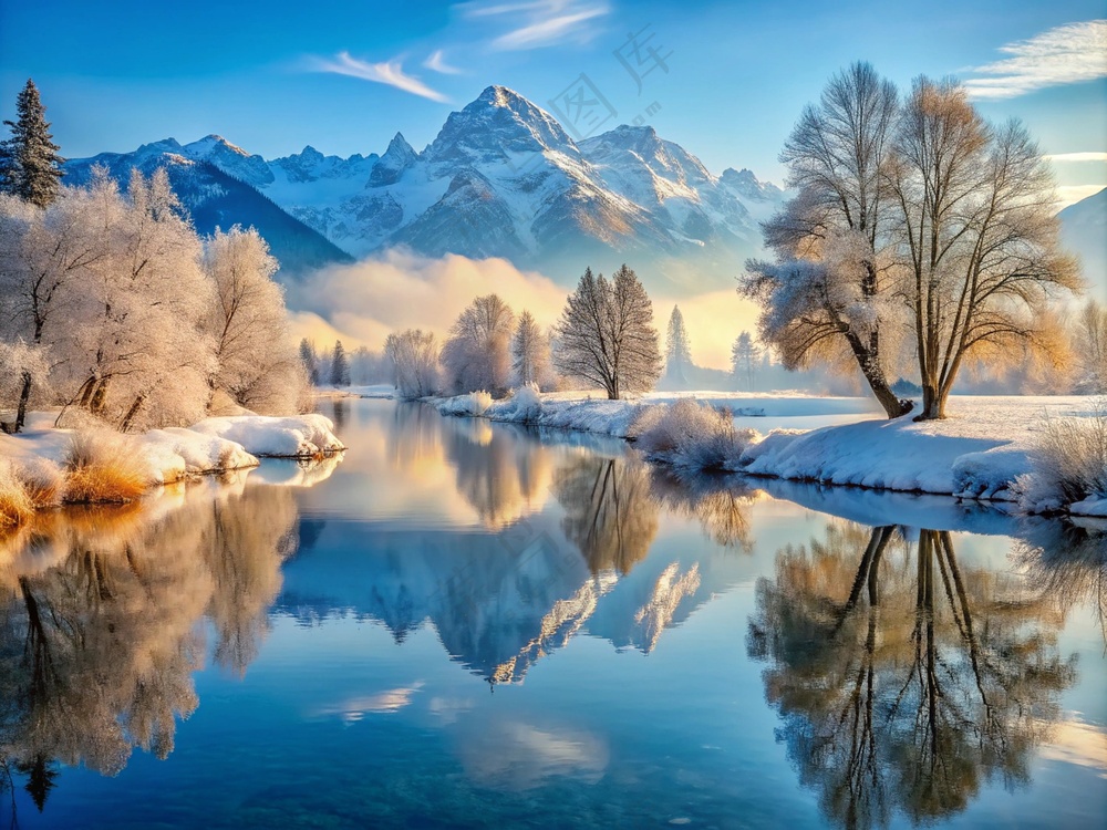 冬季山水湖泊雪景
