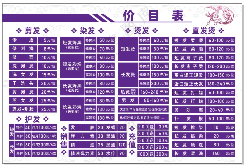 理发店价目表