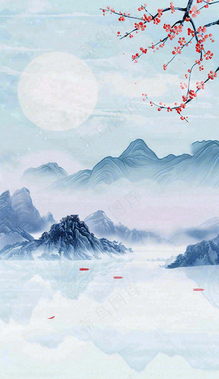 中国风山水秋冬柿子树霜降插画背景