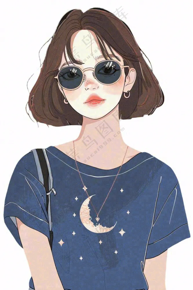 蓝色衣服的少女女生人物卡通插画免抠