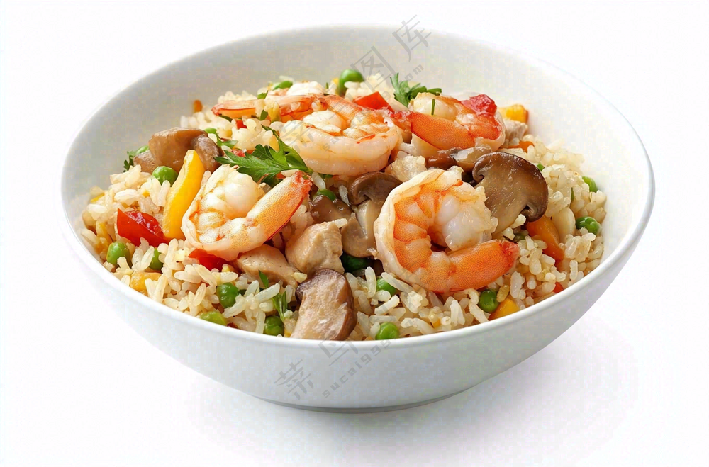 虾仁时蔬炒饭蘑菇美食摄影图