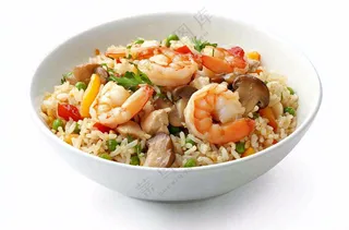 虾仁时蔬炒饭蘑菇美食摄影图