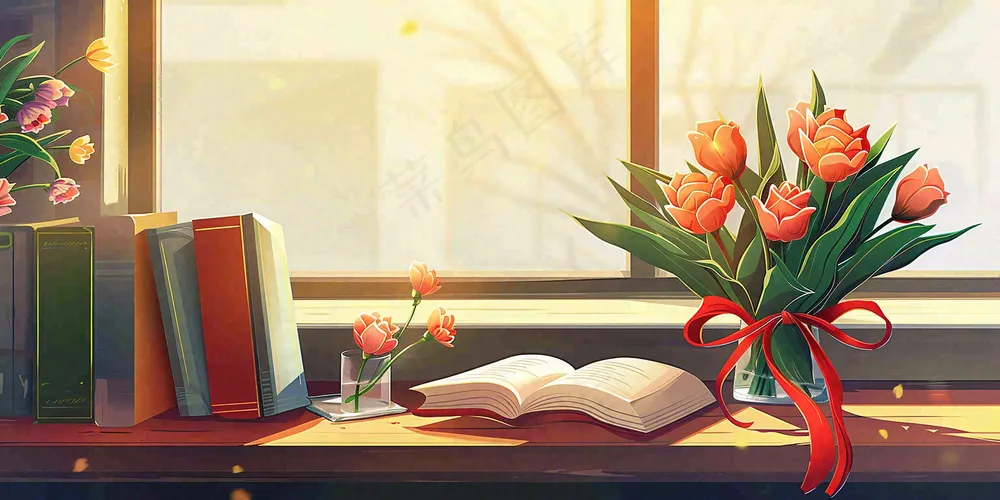 教师节办公桌窗边课本花束温馨唯美插画背景