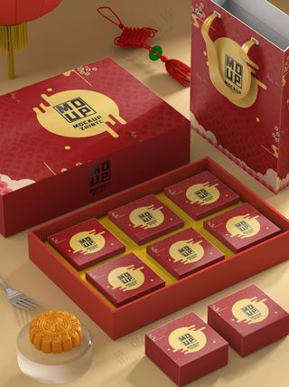 红色传统中秋节包装礼盒psdh样机017