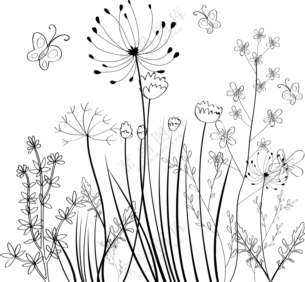 蝴蝶纷飞花卉植物手绘创意免抠图片