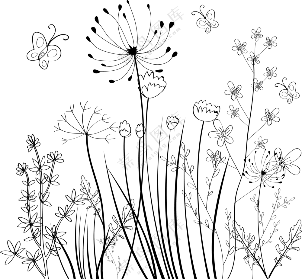 蝴蝶纷飞花卉植物手绘创意免抠图片
