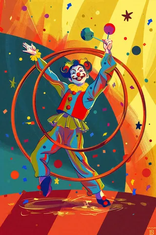 马戏团小丑表演游乐园彩带套圈愚人节卡通插画背景