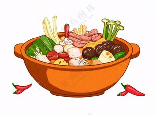 清汤砂锅麻辣烫菌菇美食插画免抠