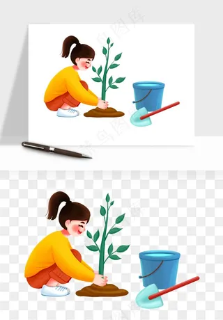 手绘植树节挖土人物png免抠