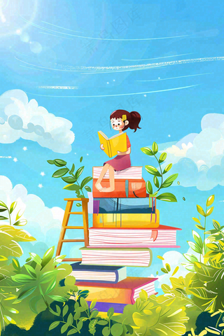 坐着书本课本堆砌上学习的学生孩子创意世界读书日卡通插画背景