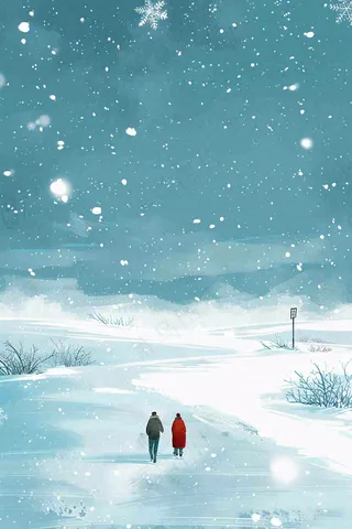 冬天大雪天雪地里漫步散步的人物冷清插画大雪小雪背景