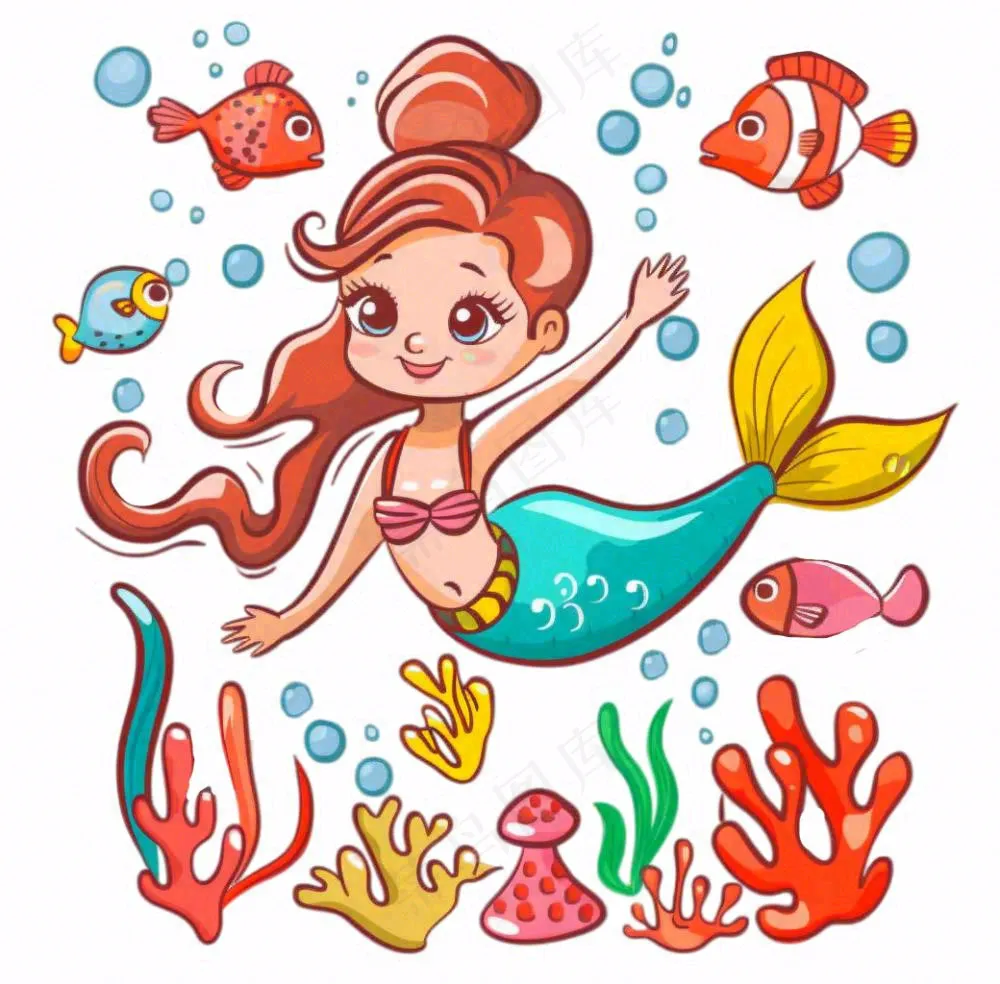 海洋美人鱼珊瑚鱼童话卡通插画免抠