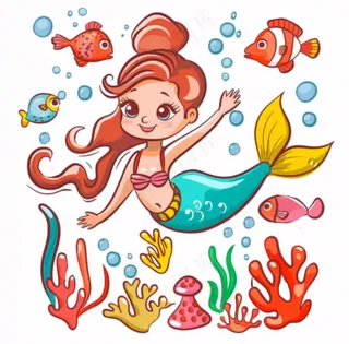 海洋美人鱼珊瑚鱼童话卡通插画免抠