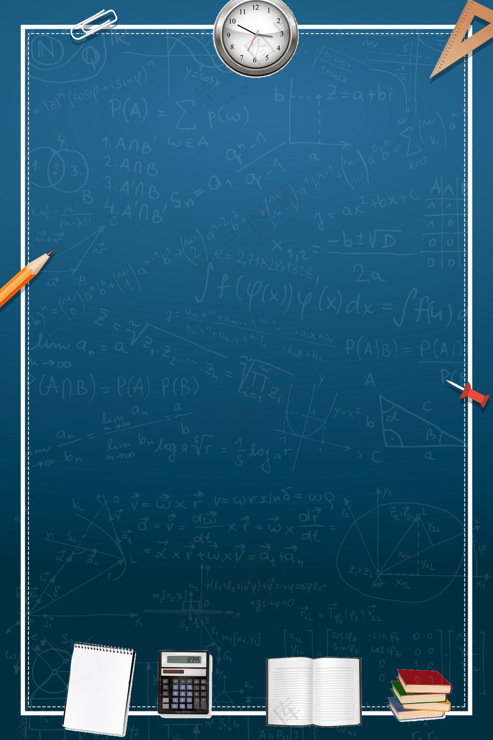 蓝底黑板粉笔数学公式校园元素背景