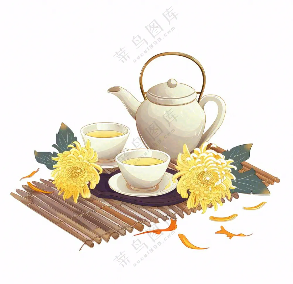 菊花茶茶壶喝茶插画免抠