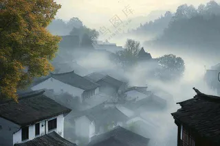 江南风景屋檐瓦舍雾村庄山林摄影图
