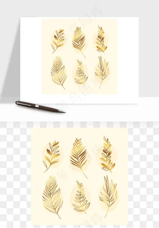 手绘金色叶子矢量png免抠