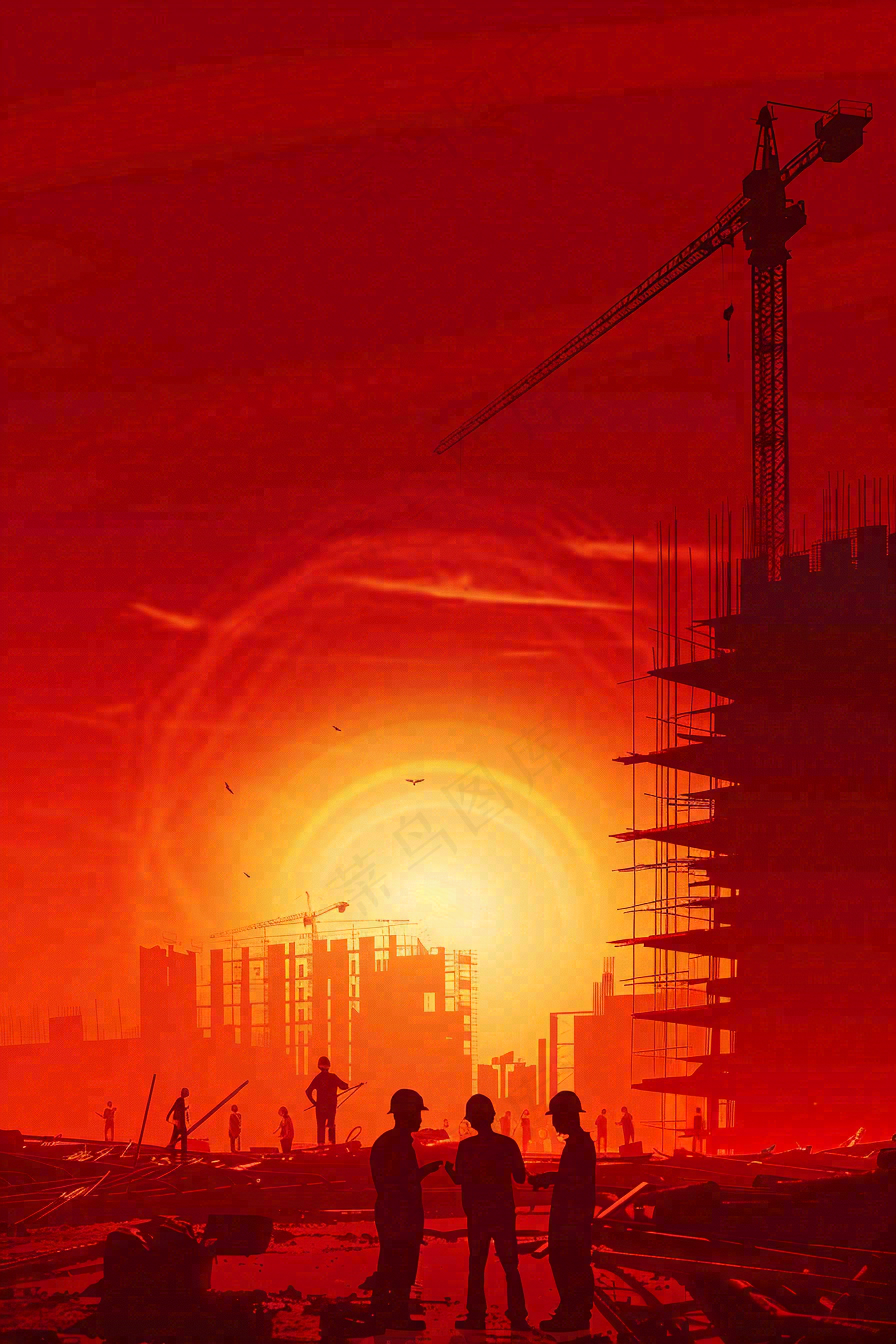 红色工地指挥工人职业人物剪影劳动节插画背景