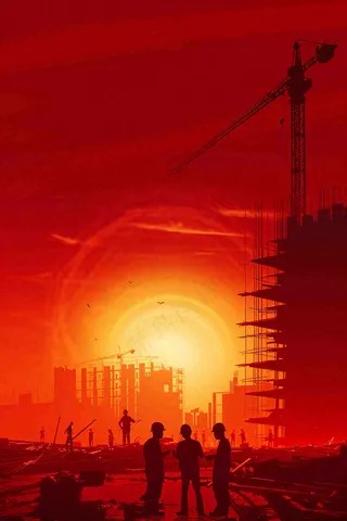 红色工地指挥工人职业人物剪影劳动节插画背景