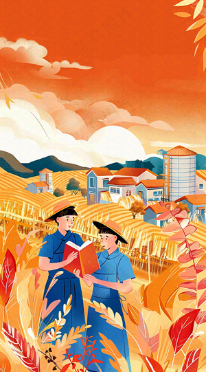 红色插画土地收成粮食农民辛勤劳作劳动节卡通插画背景