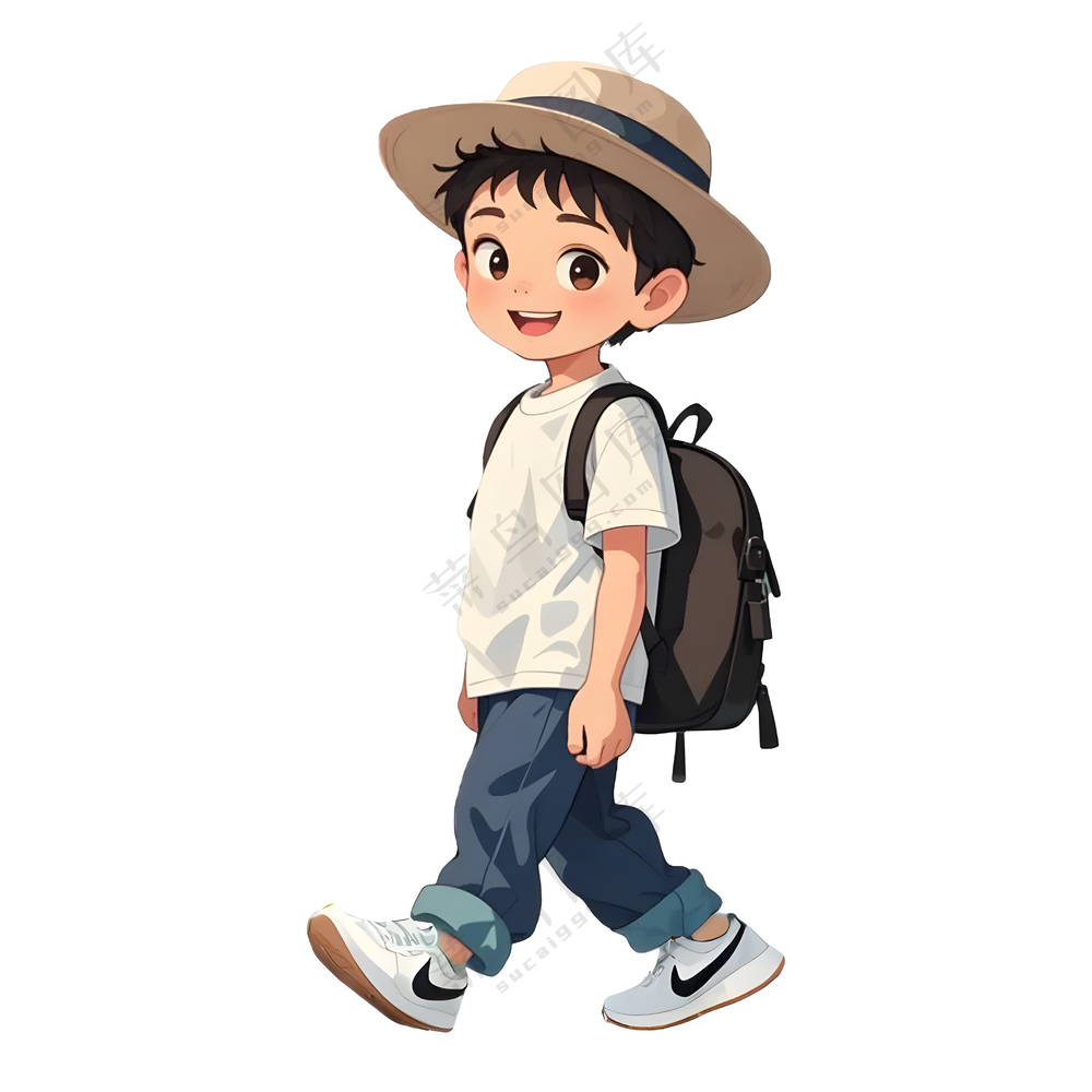 背着书包行走的小男孩