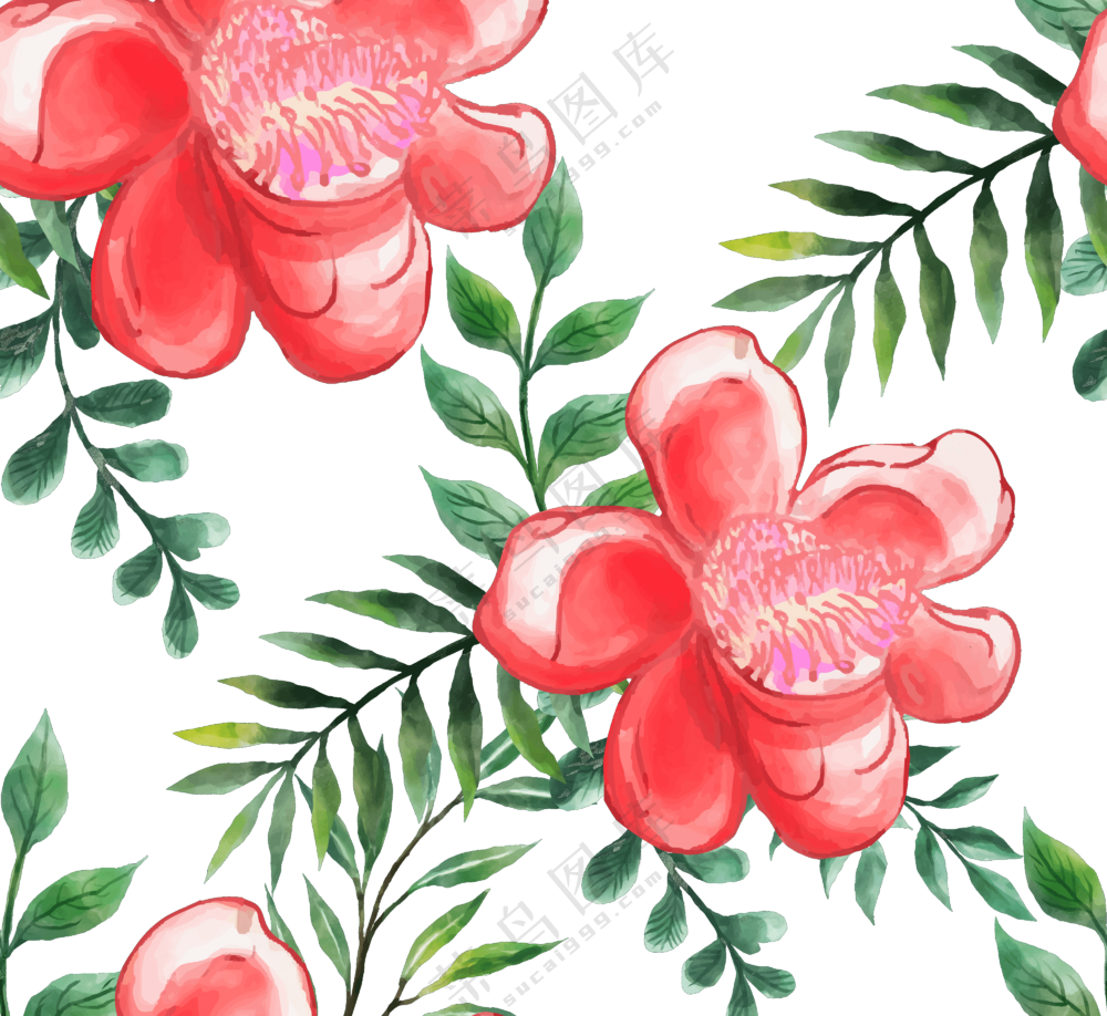 水彩红花绿叶横向拼接图案免抠素材