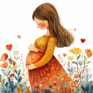 花丛孕妈妈卡通插画