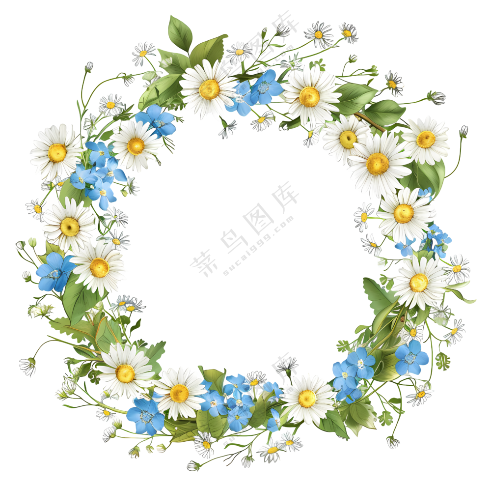 美丽的雏菊和蓝色花朵花环
