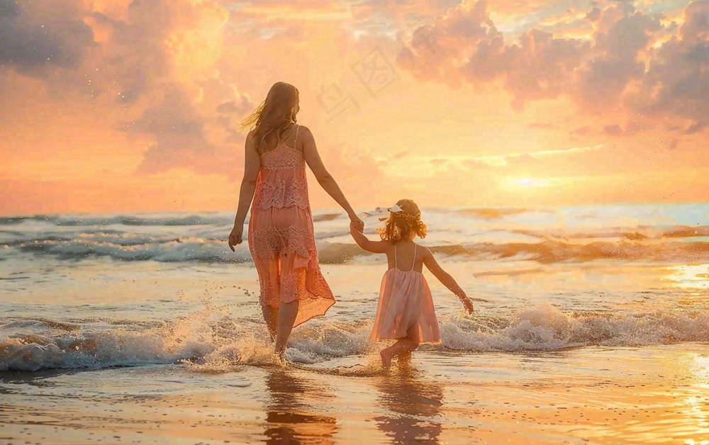 夏日海边沙滩妈妈和孩子散步母亲节温馨摄影图