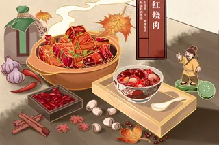 红烧肉美食主视觉插画