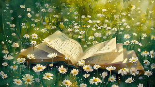 春天草丛花丛里的书本阅读插画世界读书日背景