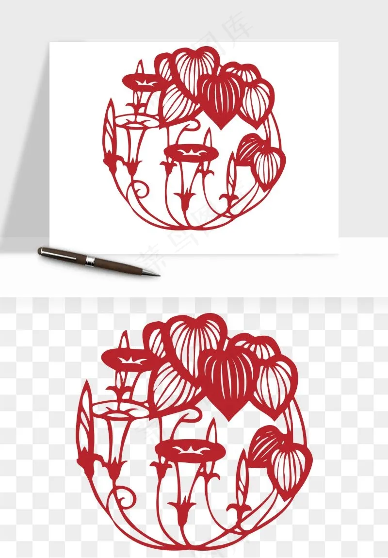 传统剪纸植物花卉png免抠