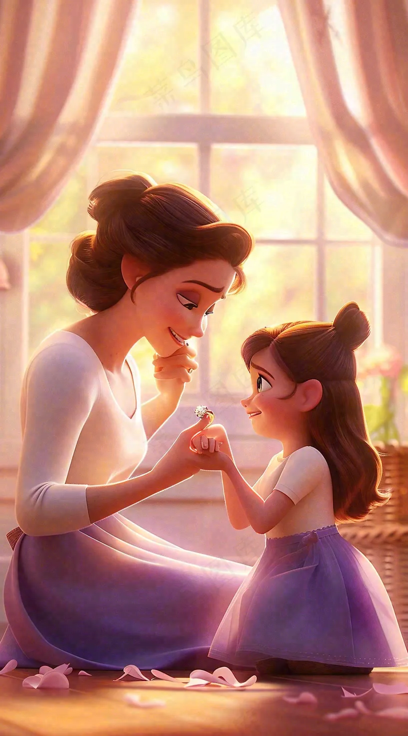 母亲节妈妈亲情抱着孩子鲜花光辉插画背景