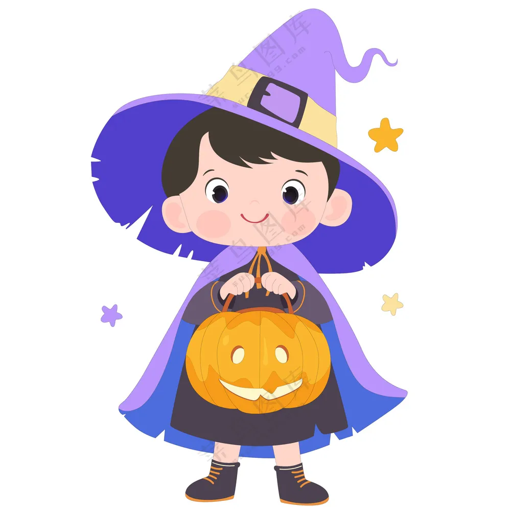 万圣节带巫师帽穿斗篷拿南瓜灯的小巫师装扮男孩插画