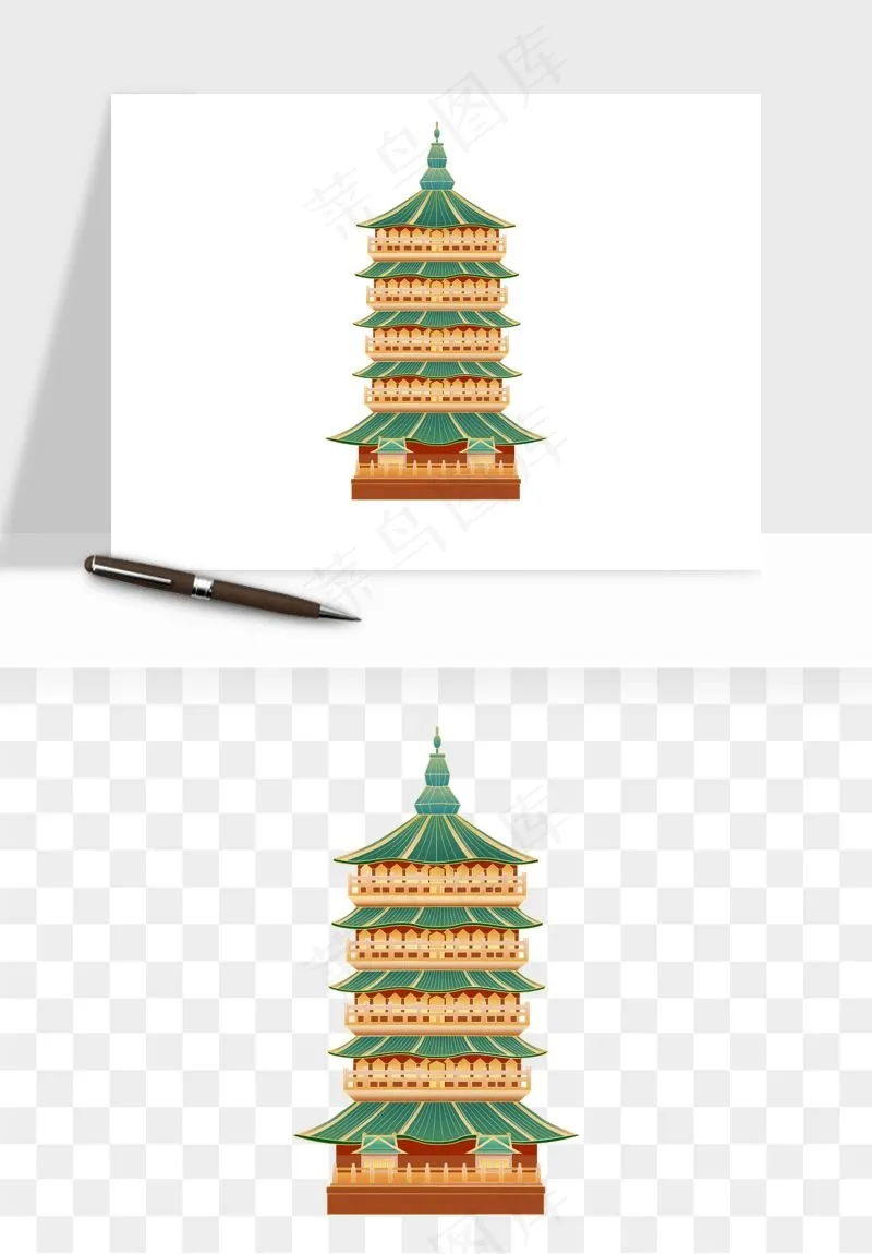 国潮高塔古塔楼建筑png免抠