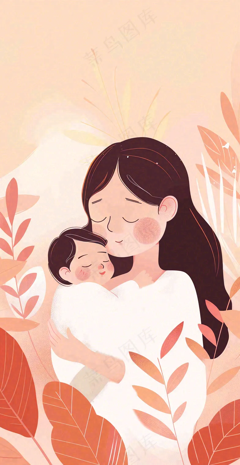 母亲节妈妈亲情抱着孩子鲜花光辉插画背景